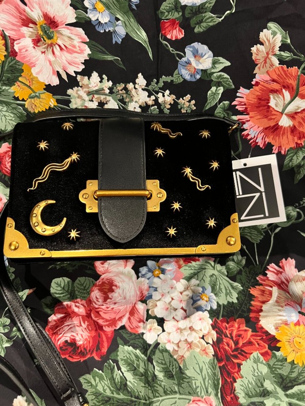 NWT INZI Black Velvet Celestial Moon Star Trunk Crossbody Bag Packaging